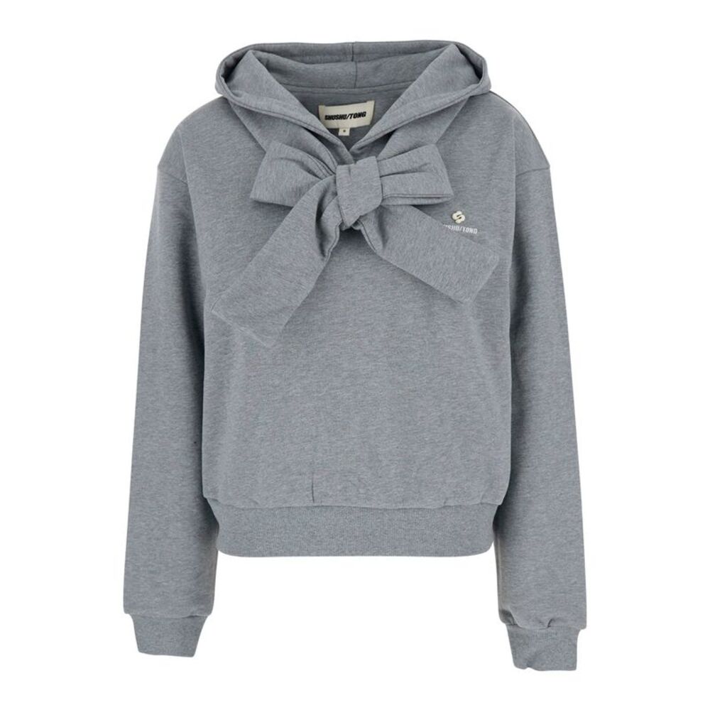 Shushu/Tong Women Tie Front Bow Hoodie With Long Sleeves In Gray Unisex Cotton